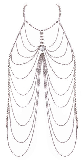 Silver Body Chain har flera draperande kedjor i en kaskadformad, nätliknande design - en elegant accessoar som förhöjer varje outfit.