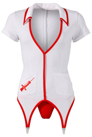 Sjuksköterska Dress är en vit bodysuit med sjukskötersketema med röd kant och en spruta på vänster ficka.