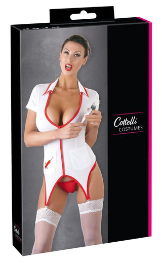 Cottelli Costumes Sjuksköterska klänningspaket visar upp en modell med en spruta, komplett med strumpor.