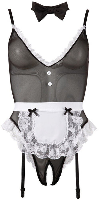 Sexig Hushållerska Kostym är en svart skir teddybody med en smoking-design, med vita spetskanter, ett förkläde, knappdetaljer, två svarta rosetter och inkluderar en svart fluga.