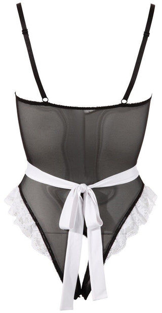 Sexig Hushållerska Kostym är en svart, halvtransparent, figursydd bodysuit med justerbara axelband, ett vitt midjebälte i satin och spetsfryllor i nederkant.