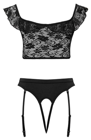 Svart, axelbar crop-top i spets med blommönster och matchande trosor utan gren.