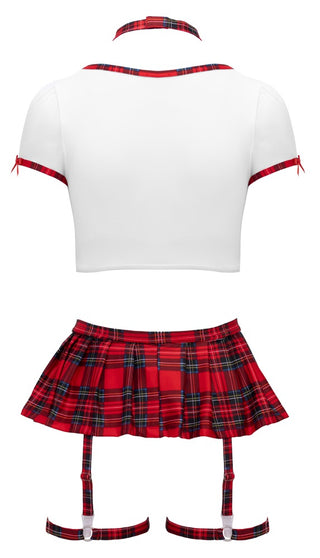 Vit kort topp i bomull, röd rutig minikjol, matchande strumpeband och svart choker; underklädeset i skoluniformsstil.