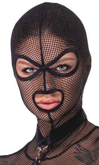 Svart fisknätsbody med svart fisknätsmask för hela ansiktet och matchande svart krage, allt i mesh-material.