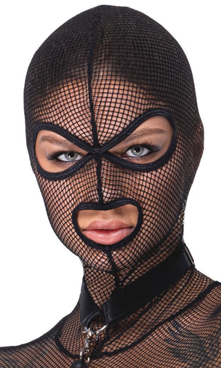Svart fisknätsbody med svart fisknätsmask för hela ansiktet och matchande svart krage, allt i mesh-material.