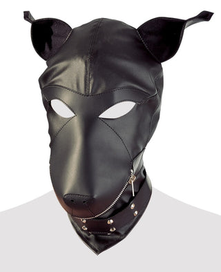 BDSM Hundhuva är en svart konstläder-hundmask med spetsiga öron, nosparti med dragkedja, dubbkrage, ögonutskärningar och ett hundliknande utseende perfekt för bondage-lekar.