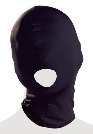 Bad Kitty Head Mask är en svart BDSM-helkroppsmask för rollspel, med en oval munöppning och visad på en huvudformad modell.