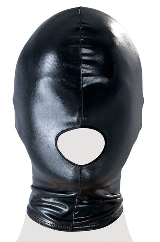 BDSM Huva - Bad Kitty - Wetlook-masken är blank och svart, med en våtlook-finish. Den har en enda öppning för munnen och täcker hela huvudet och halsen, perfekt för dem som söker en djärv Bad Kitty-stil.