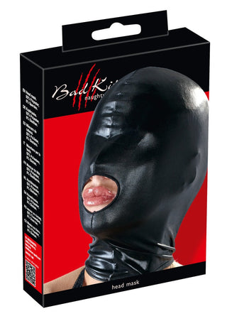Box med en BDSM Huva från Bad Kitty, tillverkad av lockande wetlook-material, mot en slående röd bakgrund med detaljerad produktinformation.