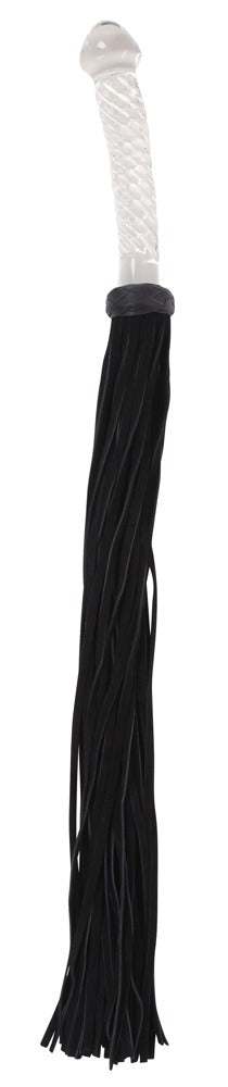 Flogger med glashandtag: en svart Bad Kitty-piska med ett vitt, texturerat glashandtag, visat mot en vit bakgrund – perfekt för snygg BDSM-lekar.