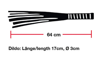 Flogger med glashandtag – silhuett av en flogger med dekorativt glashandtag. Totallängd: 64 cm; handtag: 17 cm långt, 3 cm diameter. Perfekt för BDSM-entusiaster.