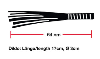 Flogger med glashandtag – silhuett av en flogger med dekorativt glashandtag. Totallängd: 64 cm; handtag: 17 cm långt, 3 cm diameter. Perfekt för BDSM-entusiaster.