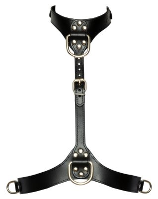 BadKitty Chest Harness, gjord av svart läderimitation med silverspännen och ringar, är designad för den övre bålen och erbjuder en justerbar passform för alla.