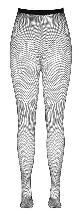 Svarta fisknätsstrumpbyxor med elastisk midja, täckta tår, tillverkade av nylon; en storlek.