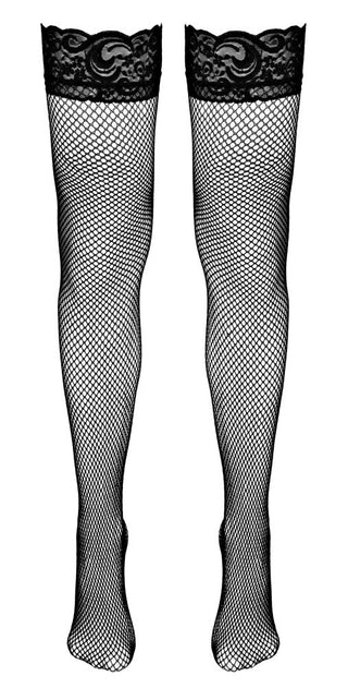 Svarta fisknätsstrumpor med spetskant, tillverkade av nylon, fotograferade utbredda på en vit bakgrund.
