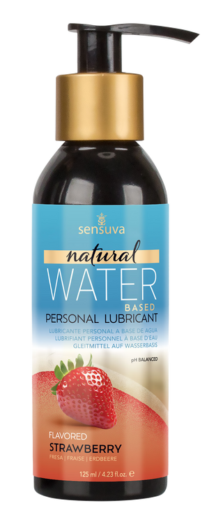 Sensuva Naturligt Jordgubb glidmedel i en 125 ml pumpflaska, röd etikett, plastförpackning.
