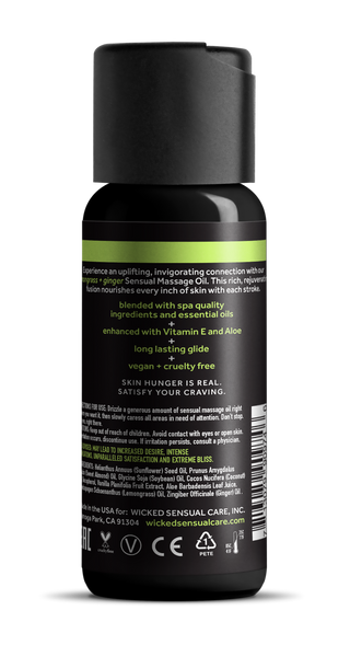 Svart flaska Wicked Lemongrass & Ingefära Olja med gröna accenter och detaljerad, cruelty-free produktinformation på etiketten.