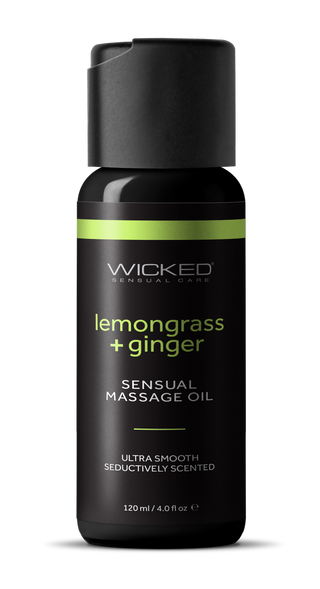 120ml svart flaska Wicked Lemongrass & Ingefära Olja massageolja med grön etikett. Vegansk och cruelty-free.