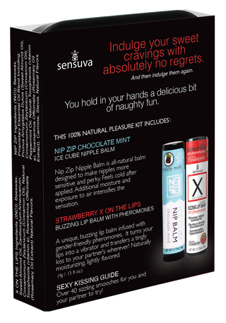 Nipple & Lip Pleasure Kit är en elegant svart låda med två läppbalsamtuber, ett bröstvårtsbalsam och en text som beskriver fördelarna.