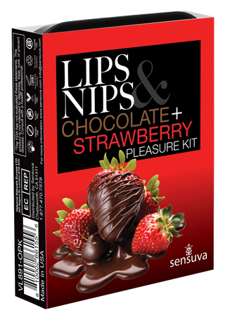 I en röd låda märkt "Nipple & Lip Pleasure Kit" ingår chokladöverdragna jordgubbar och ett silkeslent bröstvårtsbalsam för extra njutning.