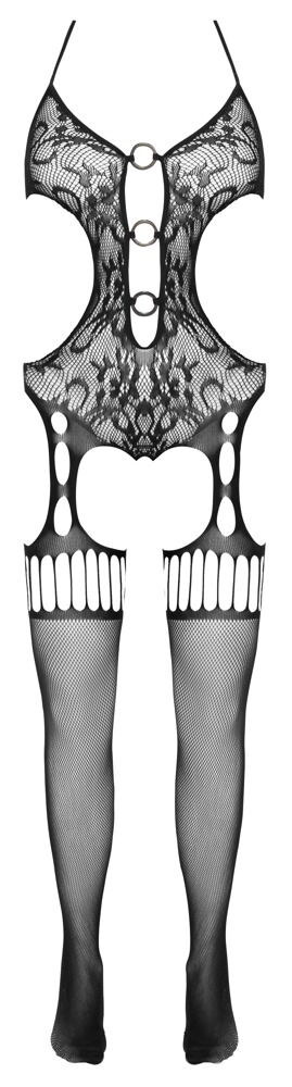 Cottelli Fantasy Öppen Catsuit har en svart spetsdesign med utskärningar och integrerade nätstrumpor, vilket skapar en lockande look på en vit bakgrund.