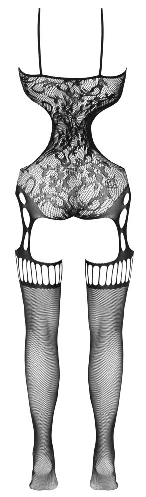 Cottelli Fantasy Öppen Catsuit är en svart bodysuit i spets och nät med invecklade vävda-prydnadsmönster, öppna utskärningsdetaljer och fästa strumpor för en riktigt sexig look.