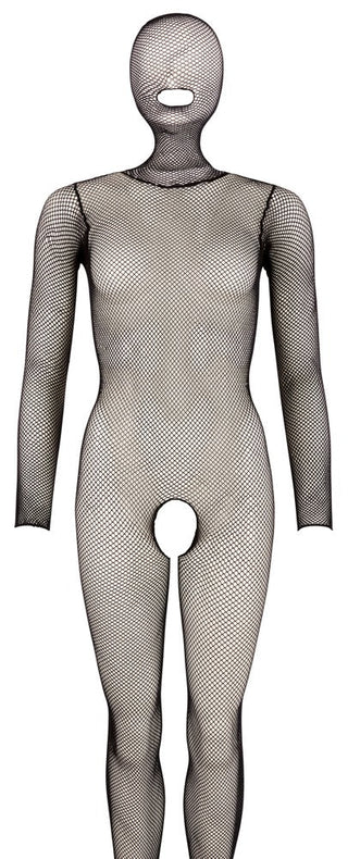 Svart nätcatsuit med öppen gren och inbyggd huva.