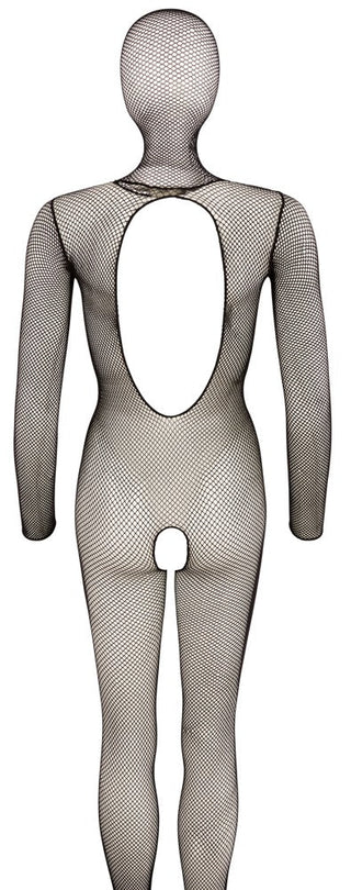 Svart nätcatsuit med huva, långa ärmar, öppen rygg och utan gren.