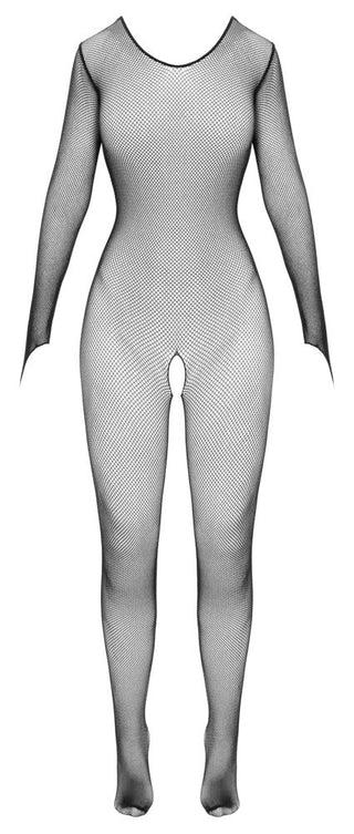 Svart nätcatsuit med långa ärmar, fingerhål och öppen gren.