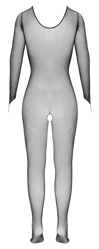 Genomskinlig svart catsuit i fisknät med öppen gren, långa ärmar och fingeröglor, avbildad mot en vit bakgrund.