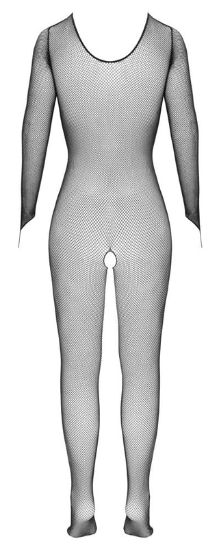 Genomskinlig svart catsuit i fisknät med öppen gren, långa ärmar och fingeröglor, avbildad mot en vit bakgrund.