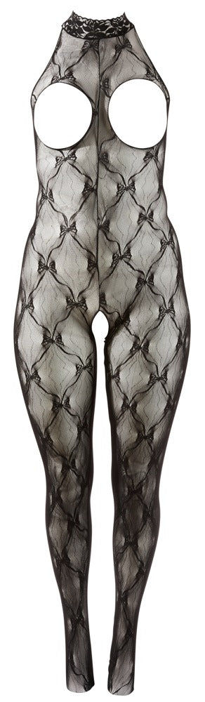 Svart, genomskinlig catsuit i nät med rombmönster, hög halsringning, öppna kupor, utskärningar vid bröstet och öppen gren.