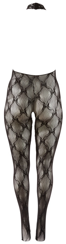 Svart genomskinlig catsuit med öppna kupor, öppen gren, rombmönster och ett litet matchande svart huvudtillbehör.