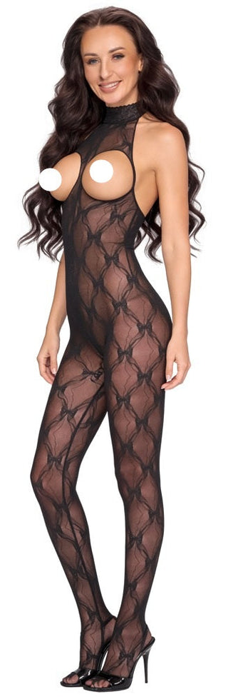 Svart catsuit med öppen kupa och öppet grenparti, tillverkad i genomskinligt material och med utskurna detaljer. Bärs tillsammans med höga klackar.