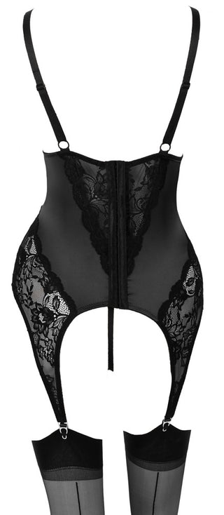 Bustier från Cottelli Curves i svart satin och spets, med justerbara axelband, strumpeband och svarta strumpor.