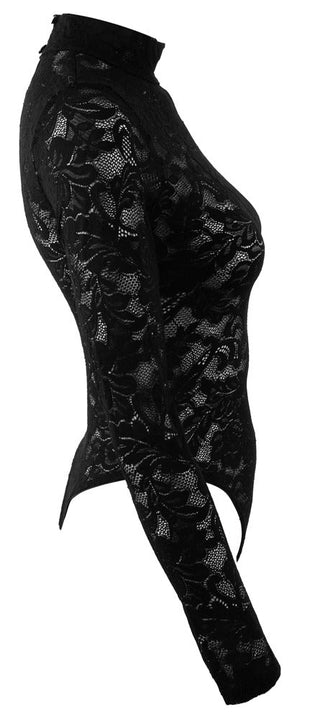 Långärmad stringbody i skir blommig spets, svart, avbildad från sidan mot vit bakgrund.