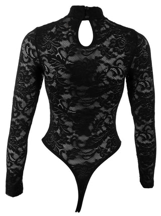 Långärmad bodysuit i svart spets med nyckelhålsutskärning och högt skurna benöppningar, visad bakifrån.