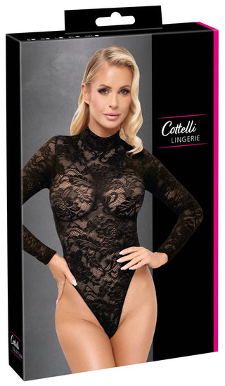 Svart långärmad bodysuit med stringmodell, i genomskinligt nätmaterial och med tryckknappsstängning, avbildad på Cottelli Lingeries förpackning.
