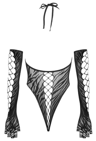 En bodysuit och handskar med tigermönster, långa ärmar, snörning framtill och genomskinligt material, fotograferade mot en vit bakgrund.