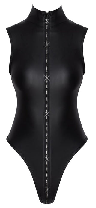 Body Matt Look med Dragkedja: Svart, ärmlös bodysuit i matt latexliknande material med hög hals och dragkedja framtill för en djärv stil.