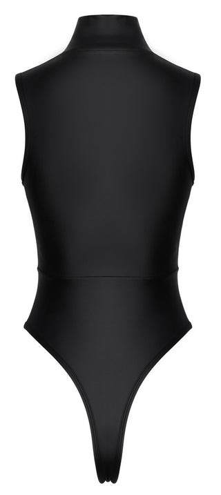 Body Matt Look med Dragkedja: Svart ärmlös bodysuit med hög hals, stringrygg och matt finish från Cottelli PARTY kollektionen, mot en vit bakgrund.