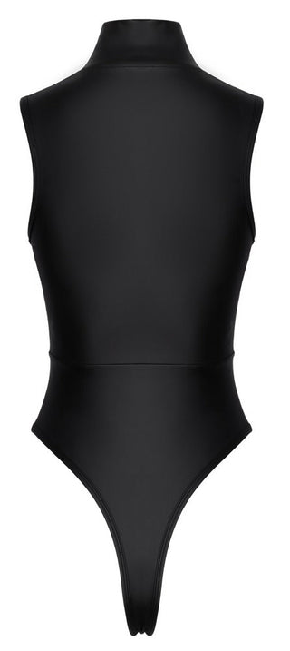 Body Matt Look med Dragkedja: Svart ärmlös bodysuit med hög hals, stringrygg och matt finish från Cottelli PARTY kollektionen, mot en vit bakgrund.