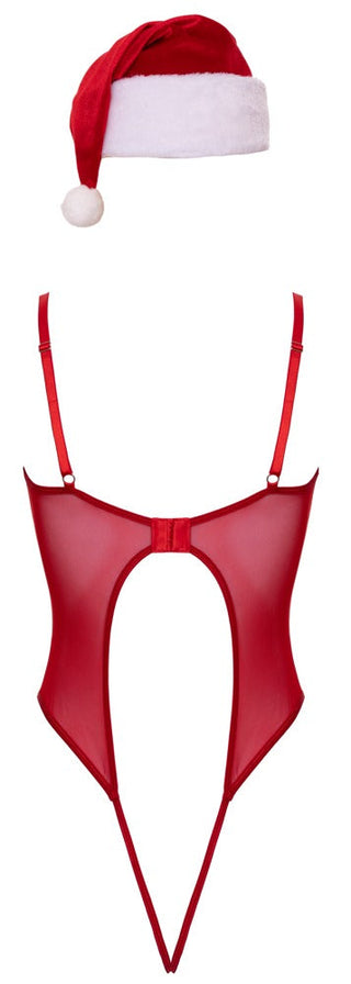 X-Mas String Set från Cottelli Lingerie har en röd tomteluva och en avslöjande julbody i rött nät, lekfullt arrangerade på en vit bakgrund för en festlig julkänsla.