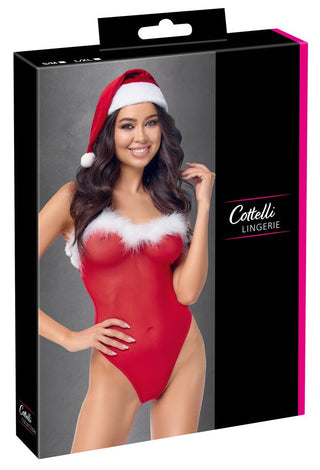 En kvinna i ett rött X-Mas String Set med vit kant poserar på Cottelli Lingerie-förpackningen och fångar den festliga andan i deras exklusiva semesterkollektion.