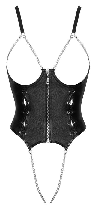 Svart bodysuit i konstläder i korsettstil med dragkedja framtill, snörning på sidorna och öppen gren.