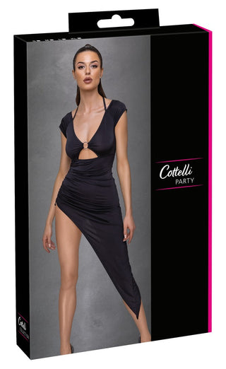 Cottelli Asymmetrisk Klänning-förpackningen har en modell i en elegant, asymmetrisk långklänning med hög slits och cirkulär utskärning framtill, allt på en grå bakgrund.