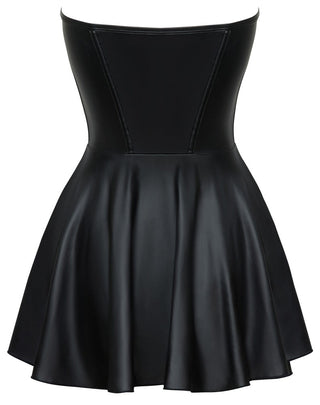 Cotteli Party Dress är en axelbandslös svart läderensemble med en korsettliknande överdel som sömlöst flyter in i en utsvängd kjol, vackert visad bakifrån i sitt eleganta svarta matta material.