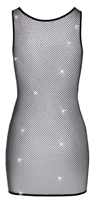 Rhinestone Mesh Mini Dress är en ärmlös, figurnära festklänning med strassstenar som ger en subtil glittrande effekt, mot en vit bakgrund.