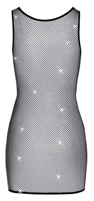 Rhinestone Mesh Mini Dress är en ärmlös, figurnära festklänning med strassstenar som ger en subtil glittrande effekt, mot en vit bakgrund.