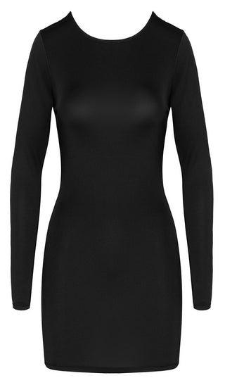 Mini Dress Svart med Öppen Rygg är en figurnära, långärmad svart miniklänning med rund halsringning från Cottelli PARTY-kollektionen, som visas mot en enfärgad vit bakgrund.